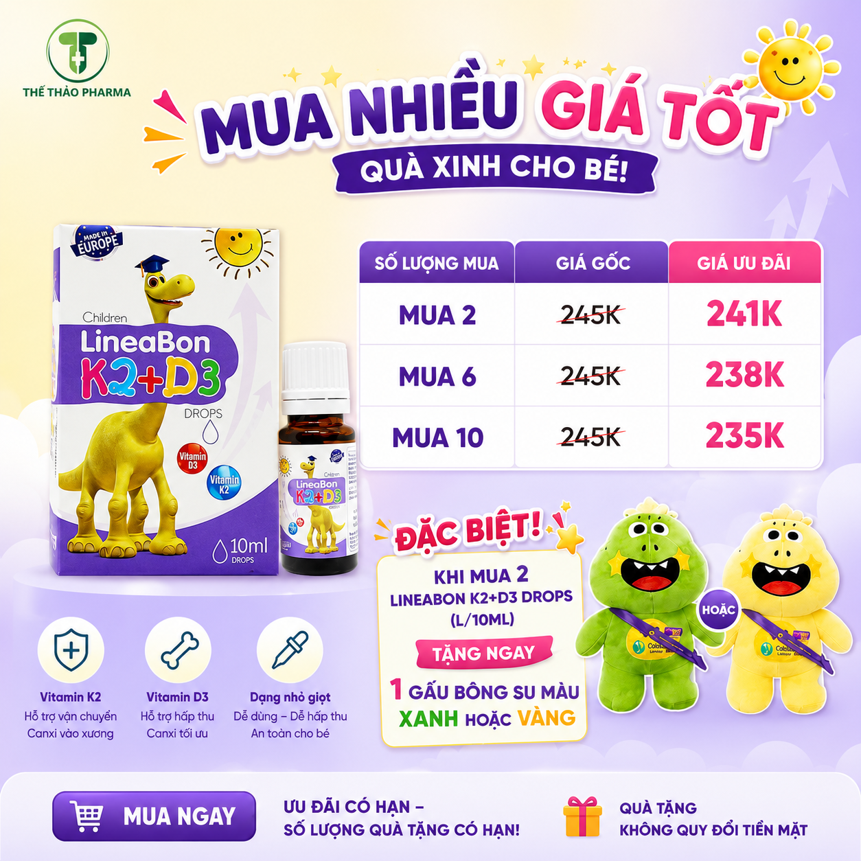 LineaBon K2+D3 Drops – Mua nhiều giá tốt, tặng gấu bông siêu đáng yêu